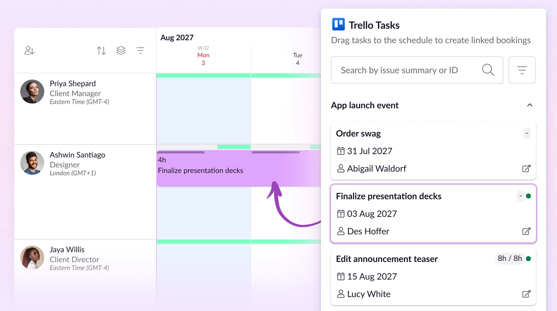 Dragging Trello task onto the Resource Guru schedule.